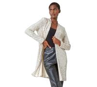Roman Longline Sequin Stretch Jacket for Women UK - Ladies Autumn Everyday Winter Holiday Edge to Edge Comfy Long Sleeve Soft Knee Length Dinner Out Smart Jackets - Silver - Size 10