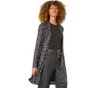 Roman Longline Sequin Stretch Jacket for Women UK - Ladies Autumn Everyday Winter Holiday Edge to Edge Comfy Long Sleeve Soft Knee Length Dinner Out Smart Jackets - Black - Size 12