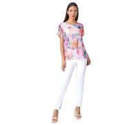 Roman Originals Mesh Overlay Floral Print Blouse for Women UK - Ladies Smart Top Casual T-Shirt Summer Spring Flower Printed Mesh Layer Stretch Jersey Comfy Tee Shirt - Pink Multi - Size 12