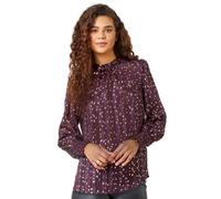 Roman Metallic Animal Spot Print Chiffon Top for Women UK - Ladies Autumn Everyday Winter Holiday High Neckline Comfy Long Sleeve Soft Shirred Cuffs Blouse Dinner Out Shirts - Plum - Size 20
