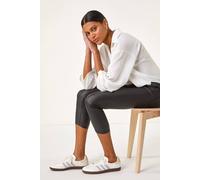 Roman Originals Metallic Coated Crop Jeggings for Women UK - Ladies Everyday Holiday Spring Summer Comfy Soft Evening Vacation Work Party - Black - Size 18