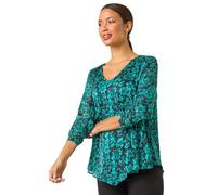 Roman Metallic Floral Print Overlay Top for Women UK - Ladies Autumn Everyday Winter Holiday V-Neckline Comfy Ruched Sleeve Soft Shimmer Blouse Office Date Blouses - Teal - Size 10