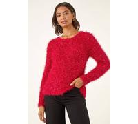 Roman Originals Metallic Fluffy Knit Jumper for Women UK - Ladies Everyday Autumn Winter Crew Neckline Comfy Soft Evening Vacation Work Party Night Out - Red - Size 16