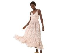 Roman Metallic Leaf Print Shirred Maxi Dress for Women UK - Ladies Spring Everyday Summer Holiday V-Neckline Comfy Sleeveless Soft Fit & Flare Frock Vacation Beach Gowns - Red - Size 20