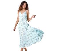 Roman Metallic Leaf Print Shirred Maxi Dress for Women UK - Ladies Spring Everyday Summer Holiday V-Neckline Comfy Sleeveless Soft Fit & Flare Frock Vacation Beach Gowns - Light Blue - Size 16