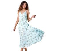 Roman Metallic Leaf Print Shirred Maxi Dress for Women UK - Ladies Spring Everyday Summer Holiday V-Neckline Comfy Sleeveless Soft Fit & Flare Frock Vacation Beach Gowns - Light Blue - Size 16
