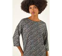 Roman Originals Stretchy Top for Women UK - Ladies Jersey Blouse Smart Casual Tunic Work 3/4 Length Sleeve Round Neck Boat Neckline Flattering Autumn Winter - Metallic Silver - Size 12