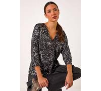 Roman Originals Abstract Spot Print V-Neck Tunic Top for Women UK - Ladies Everyday Holiday Spring Summer V-Neckline Comfy Soft Evening Vacation Work Party - Black Silver - Size 10