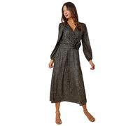 Roman Metallic Star Print Corsage Midi Wrap Dress In Black Black 12