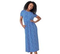 Roman Midi Dress with Pockets for Women UK Ladies Stretchy Jersey Maxi Long Short Sleeve Elasticated Gathered High Waist Boho Flattering Skater Swing Fit Flare - Petite Royal Blue - Size 10