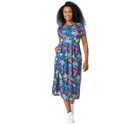 Roman Midi Dress with Pockets for Women UK Ladies Stretchy Jersey Maxi Long Short Sleeve Elasticated Gathered High Waist Boho Flattering Skater Swing Fit Flare - Petite Navy Multi - Size 14