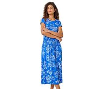 Roman Midi Dress with Pockets for Women UK Ladies Stretchy Jersey Maxi Long Short Sleeve Elasticated Gathered High Waist Boho Flattering Skater Swing Fit Flare - Blue White - Size 16