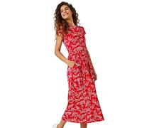 Roman Midi Dress with Pockets for Women UK Ladies Stretchy Jersey Maxi Long Short Sleeve Elasticated Gathered High Waist Boho Flattering Skater Swing Fit Flare - Red Ivory - Size 18