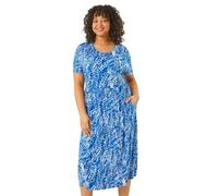 Roman Midi Dress with Pockets for Women UK Ladies Stretchy Jersey Maxi Long Short Sleeve Elasticated Gathered High Waist Boho Flattering Skater Swing Fit Flare - Blue Plus - Size 18