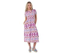 Roman Midi Dress with Pockets for Women UK Ladies Stretchy Jersey Maxi Long Short Sleeve Elasticated Gathered High Waist Boho Flattering Skater Swing Fit Flare - Petite Pink - Size 14