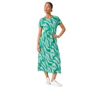Roman Midi Dress with Pockets for Women UK Ladies Stretchy Jersey Maxi Long Short Sleeve Elasticated Gathered High Waist Boho Flattering Skater Swing Fit Flare - Petite Swirl Green - Size 14