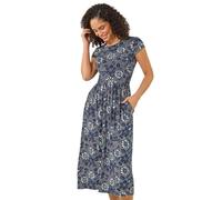 Roman Midi Dress with Pockets for Women UK Ladies Stretchy Jersey Maxi Long Short Sleeve Elasticated Gathered High Waist Boho Flattering Skater Swing Fit Flare - Floral Navy - Size 16