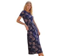 Roman Midi Dress with Pockets for Women UK Ladies Stretchy Jersey Maxi Long Short Sleeve Elasticated Gathered High Waist Boho Flattering Skater Swing Fit Flare - Petite Floral Navy - Size 14