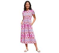 Roman Midi Dress with Pockets for Women UK Ladies Stretchy Jersey Maxi Long Short Sleeve Elasticated Gathered High Waist Boho Flattering Skater Swing Fit Flare - Petite Pink - Size 18