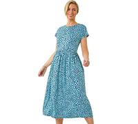 Roman Midi Dress with Pockets for Women UK Ladies Stretchy Jersey Maxi Long Short Sleeve Elasticated Gathered High Waist Boho Flattering Skater Swing Fit Flare - Petite Blue Noir - Size 14
