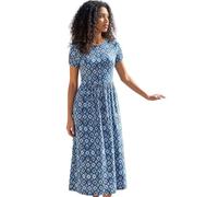 Roman Midi Dress with Pockets for Women UK Ladies Stretchy Jersey Maxi Long Short Sleeve Elasticated Gathered High Waist Boho Flattering Skater Swing Fit Flare - Petite Abstract Blue - Size 12