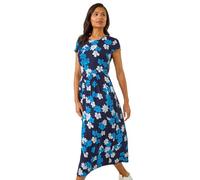Roman Midi Dress with Pockets for Women UK Ladies Stretchy Jersey Maxi Long Short Sleeve Elasticated Gathered High Waist Boho Flattering Skater Swing Fit Flare - Navy Floral - Size 12