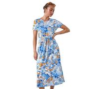 Roman Midi Dress with Pockets for Women UK Ladies Stretchy Jersey Maxi Long Short Sleeve Elasticated Gathered High Waist Boho Flattering Skater Swing Fit Flare - Petite Blue - Size 14