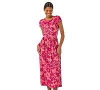 Roman Midi Dress with Pockets for Women UK Ladies Stretchy Jersey Maxi Long Short Sleeve Elasticated Gathered High Waist Boho Flattering Skater Swing Fit Flare - Pink Red - Size 20