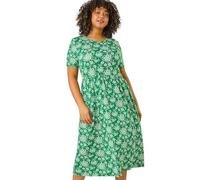 Roman Originals Midi Dress with Pockets For Women UK Ladies Stretchy Jersey Maxi Long Short Sleeve Elasticated Gathered High Waist Boho Flattering Skater Swing Fit Flare - Curve Floral Green - Size 18