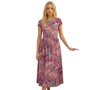 Roman Midi Dress with Pockets for Women UK Ladies Stretchy Jersey Maxi Long Short Sleeve Elasticated Gathered High Waist Boho Flattering Skater Swing Fit Flare - Paisley Magenta - Size 12
