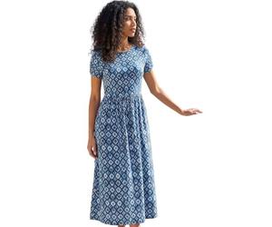 Roman Midi Dress with Pockets for Women UK Ladies Stretchy Jersey Maxi Long Short Sleeve Elasticated Gathered High Waist Boho Flattering Skater Swing Fit Flare - Petite Abstract Blue - Size 12