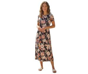Roman Midi Dress with Pockets for Women UK Ladies Stretchy Jersey Maxi Long Short Sleeve Elasticated Gathered High Waist Boho Flattering Skater Swing Fit Flare - Petite Floral Rose - Size 16