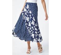 Roman Originals Jersey Skirt for Women UK - Ladies Midi Maxi Floral Animal Print Autumn Winter Swing Smart Casual Work Office Cocktail Party Going Out Evening Holiday Cruise - Blue & White - Size 20