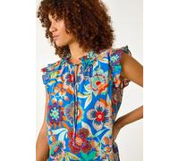 Roman Mono Printed Frill Sleeve Top In Blue Blue 18