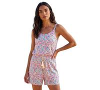 Roman Multi Leaf Print Tie Playsuit for Women UK - Ladies Spring Everyday Summer Holiday V-Neckline Comfy Sleeveless Soft Gathered Waist Day Out Jumpsuits - Rose - Size 16