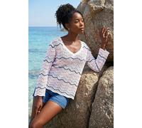 Roman Colour Block Crochet Knit Scalloped Jumper for Women UK - Ladies Spring Everyday Summer Holiday - Ivory - Size 14