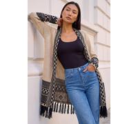 Roman Originals Women Cardigan - Ladies Longline Coatigan Tassel Open Front Cardi Winter Autumn Casual Textured Edge to Edge Yarn Patterned Comfy Work Going Out - Ivory - Size 18