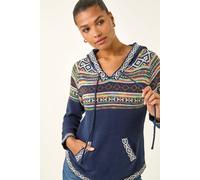 Roman Originals Women Jumper with Hood Ladies Winter Knitted Hoodie with Pockets Fairisle Nordic Aztec Print Hooded Sweater Knit Knitwear Autumn Flattering Casual Smart - Midnight Blue - Size 20