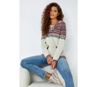 Roman Originals Women Jumper with Hood Ladies Winter Knitted Hoodie with Pockets Fairisle Nordic Aztec Print Hooded Sweater Knit Knitwear Autumn Flattering Casual Smart - Ivory - Size 18