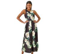 Roman Ombre Pleated Luxe Stretch Midi Dress for Women UK - Ladies Spring Everyday Summer Holiday Round Neckline Comfy Sleeveless Soft Fit & Flare Frock Dinner Date Gowns - Black - Size 16