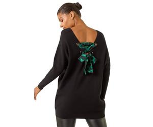 Roman One Size Animal Print Tie Back Jumper for Women UK - Ladies Autumn Everyday Winter Holiday V-Neckline Comfy Long Sleeve Soft Draped Sweater Knitted Top
