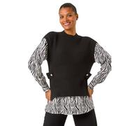 Roman Originals 2 in 1 Animal Print Knit Jumper for Women UK - Ladies Everyday Autumn Winter Round Neckline Comfy Soft Evening Vacation Work Party Night Out - Black - Size 20