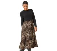 Roman Originals 2 in 1 Animal Print Stretch Midi Dress for Women UK - Ladies Everyday Autumn Winter Round Neckline Comfy Soft Evening Vacation Work Party Night Out - Beige - Size 12