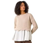 Roman Originals 2 in 1 Contrast Cable Knit Jumper for Women UK - Ladies Everyday Autumn Winter Round Neckline Comfy Soft Evening Vacation Work Party Night Out - Beige - Size 20