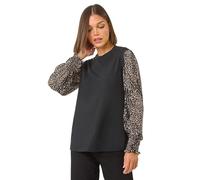 Roman Originals 2 in 1 Print Mesh Sleeve Top for Women UK - Ladies Everyday Autumn Winter Round Neckline Comfy Soft Evening Vacation Work Party Night Out - Black - Size 16