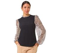 Roman Originals 2 in 1 Print Mesh Sleeve Top for Women UK - Ladies Everyday Autumn Winter Round Neckline Comfy Soft Evening Vacation Work Party Night Out - Natural - Size 20