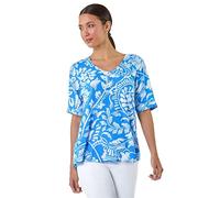 Roman Originals Abstract Leaf Print Button Back Top for Women UK - Ladies Everyday Holiday Spring Summer V-Neckline Comfy Soft Evening Vacation Work Party - Turquoise - Size 12