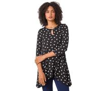 Roman Originals Abstract Linear Print Cutout Tunic Top for Women UK - Ladies Everyday Holiday Spring Summer Round Neckline Comfy Soft Evening Vacation Work Party - Black - Size 12