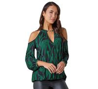 Roman Originals Abstract Print Cold Shoulder Stretch Top for Women UK - Ladies Everyday Autumn Winter Round Neckline Comfy Soft Evening Vacation Work Party Night Out - Forest Green - Size 14