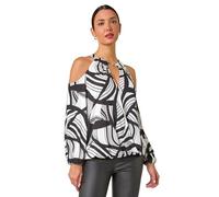 Roman Originals Abstract Print Cold Shoulder Stretch Top for Women UK - Ladies Everyday Autumn Winter Round Neckline Comfy Soft Evening Vacation Work Party Night Out - Ivory & Black - Size 18